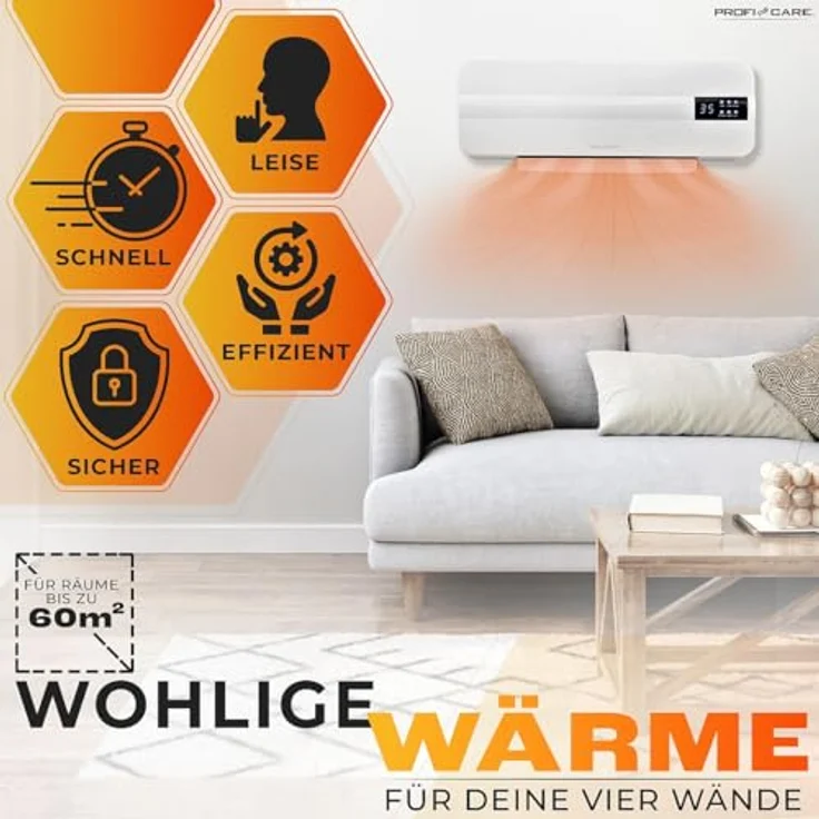 ProfiCare® Wand Heizlüfter mit Fenster-Offen-Erkennung | Heizkörper für bis zu 60qm | Elektroheizung für Wandmontage inkl. Montagematerial | Heizung mit 1,5m Kabel, Fernbedienung & Timer | PC HL 3116 – Bild 2