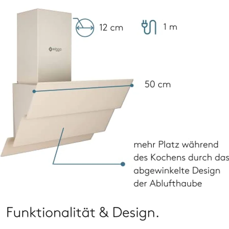 Wiggo Dunstabzugshaube 50cm kopffrei I Abluft Umluft Dunstabzug 300m³/h - LED Touch-Display 3 Stufen I Schräghaube inkl. Fettfilter & 2x Kohlefilter I Abzugshaube mit 3 teiliger Glasfront creme – Bild 5