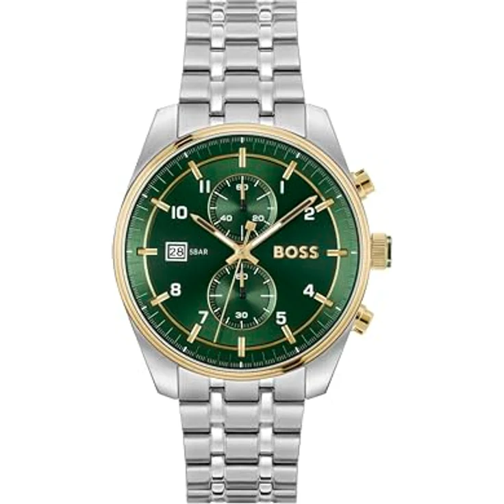 BOSS Chronograph Quarz Uhr für Herren Kollektion SKYTRAVELLER mit Silbernes Edelstahlarmband - 1514195, grünes Sunray-Effekt-Zifferblatt – Bild 1