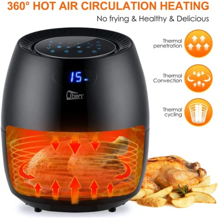 Heißluftfritteuse, Uten 6.5L Airfryer XXL Heissluftfriteuse mit digital LED-Touchscreen, 8 Programmens, Vorheizen&Warmhalten, Abnehmbarem Antihaft-Bratkorb, 1800W – Bild 3