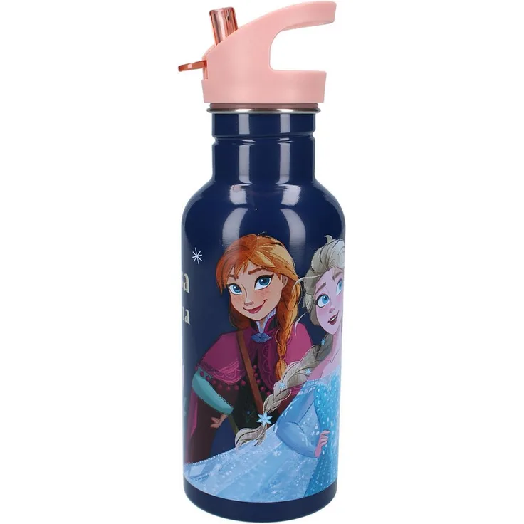 Disney Frozen II Trinkflasche 500 ml mit Strohhalm und Griff, Motiv Anna & Elsa, rosa