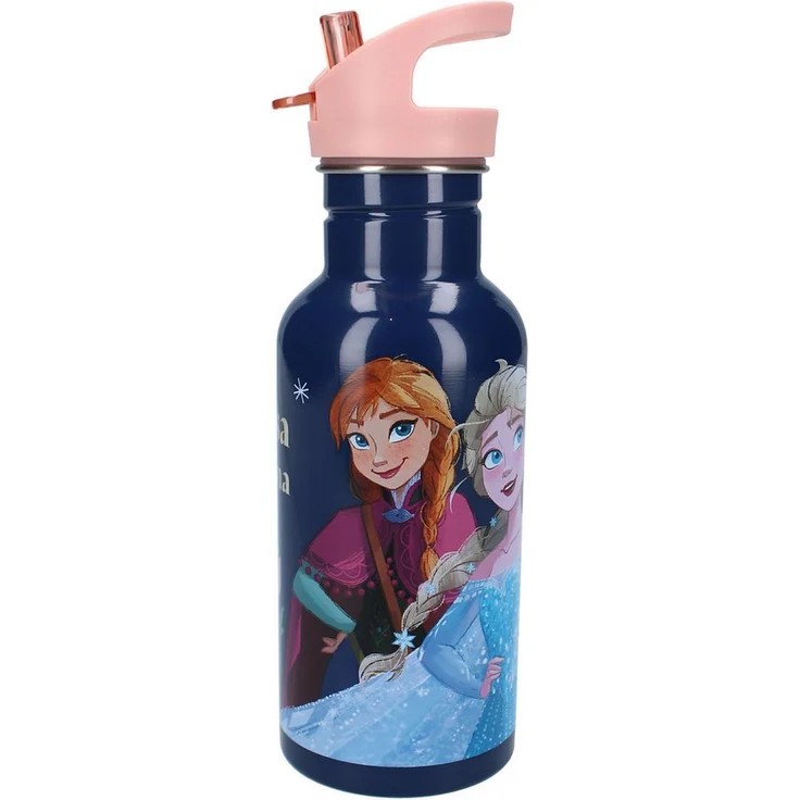 Disney Frozen II Trinkflasche 500 ml mit Strohhalm und Griff, Motiv Anna & Elsa, rosa