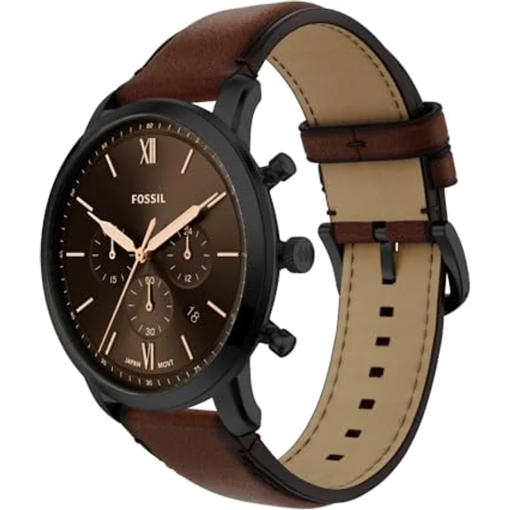 Fossil Neutra Uhr für Herren, Quarz-Chronograph mit schwarzem Zifferblatt und braunem Lederarmband, wasserdicht bis 50 m – Bild 3