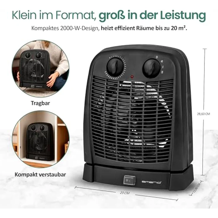 Emerio Heizlüfter FH-111910.2, 2000W mit 2 Heizstufen, einstellbarem Thermostat, oszillierend, Kippschutz und Ventilationsfunktion für Räume bis 20 m², IP21 – Bild 5