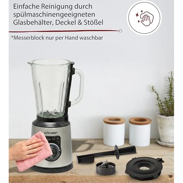 Cloer 6958 Standmixer, 1,5 l Glasbehälter, 6-flügliges Messer, Smoothie-, Ice-Crush- und Auto-Clean-Programme, Puls-Funktion, stufenlos, Edelstahl/Schwarz – Bild 5