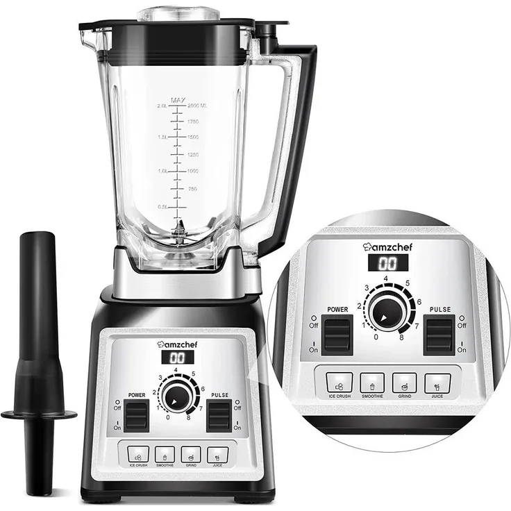 AMZCHEF NY-8088 Standmixer, 2000W, 8 Geschwindigkeitsstufen, 25000 U/min, 4 Vorprogramme, Schwarz und Silber, 2L Tritan-Behälter