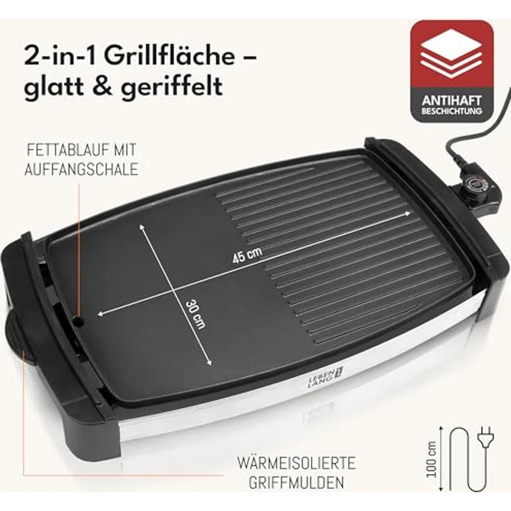 Lebenlang Tischgrill Elektrogrill mit TÜV & GS 2200W Indoor & Outdoor XXL, reduzierte Rauchentwicklung, einfache Reinigung – Bild 4