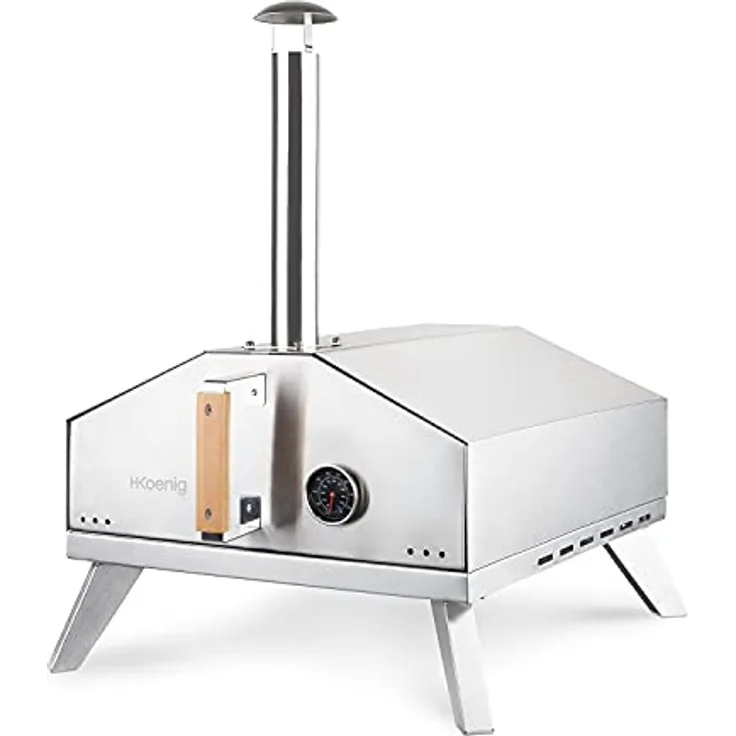 H.Koenig Gasofen für Pizza GINO440, Edelstahl, 30,5 x 30,5 cm, bis zu 450 °C, abnehmbare Tür und Kamin, integriertes Thermometer, Pizzaschieber, Cordierit Pizzastein