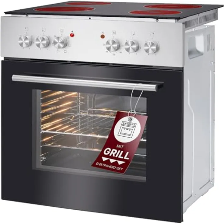 Bomann EHBC 7935 IX, Einbaubackofen mit Ceranfeld, 61L, 50°C-250°C, Grill & Ober-/Unterhitze, 4 Kochfelder, 60cm, 3-fach verglaste Glastür, Inox