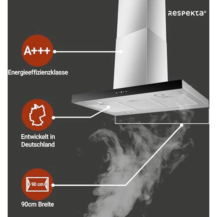 Respekta Dunstabzugshaube CH44199IX-21, Inselhaube aus Edelstahl mit Glasfront, 90 cm, Luftstrom max. 631,7 m³/h, Energieeffizienzklasse A+++, Abluft- und Umluftbetrieb – Bild 2