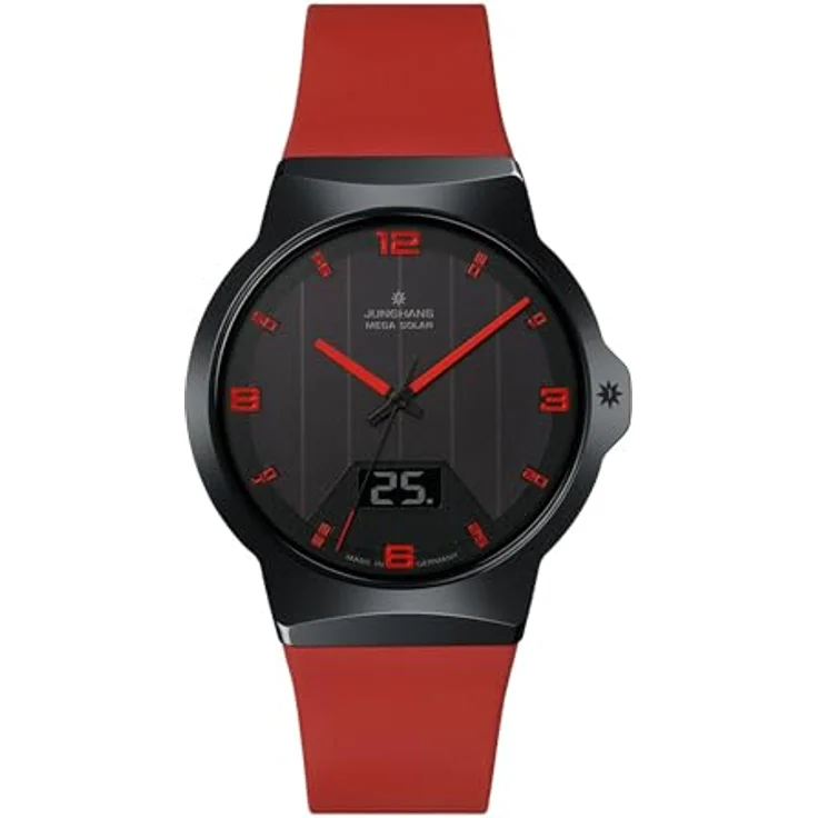 JUNGHANS Funk-Solar Herrenuhr Force Mega Solar, rot mit analog-digitaler Anzeige, kratzfestem Gehäuse und leuchtendem Zifferblatt – Bild 2