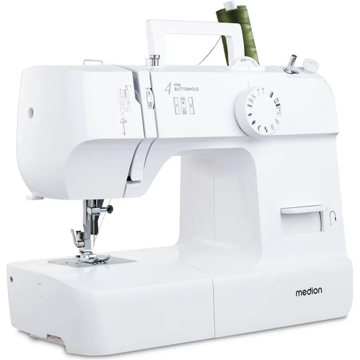 Medion® Freiarm-Nähmaschine MD 11179, 12 Stichmuster, 4 Schritte Knopfloch, 12 Programme, Vertikales Spulsystem, LED Nählicht, Integrierter Fadenschneider, Weiß