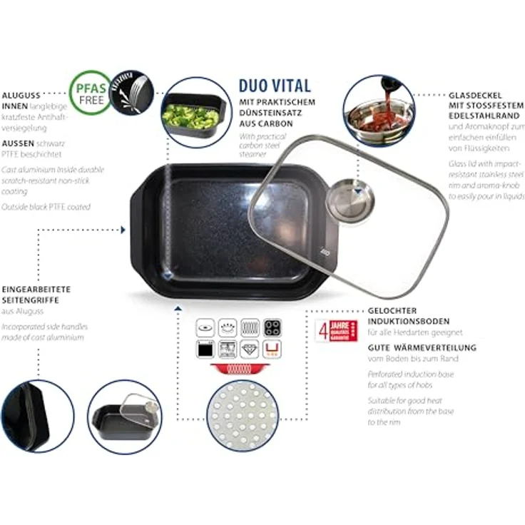 ELO Duo Vital Aluguss Bräter mit Dünsteinsatz, keramische Antihafteffekt-Beschichtung, Glasdeckel, Induktionsboden, für alle Herdarten geeignet, 40 x 26 cm – Bild 3