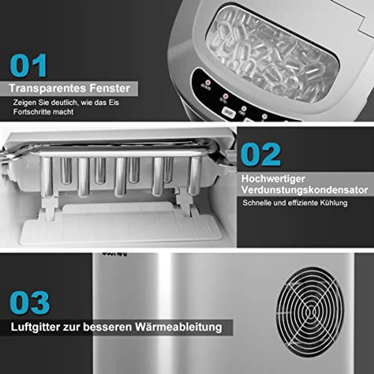 COSTWAY Eiswürfelmaschine 12KG/24H, Ice Maker 9 Eiswürfel in 6-13min, Eismaschine 2,2L Wassertank, Eiswürfelbereiter 2 Eiswürfelgrößen inkl. Schaufel, 25x36x33cm (Silber) – Bild 2