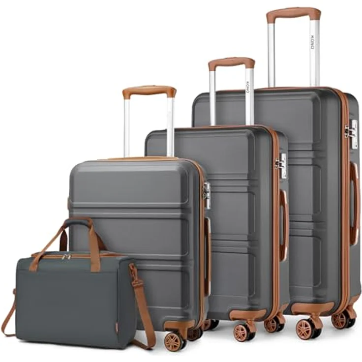 KONO Kofferset 4-teilig Hartschalenkoffer mit TSA Schloss und geräuschlosen 4 Rollen, inkl. Ryanair Reisetasche (55/65/74 cm), Grau/Braun – Bild 1