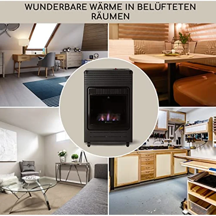 blumfeldt Andora Flame Gasheizofen - zwei Heizstufen mit 2 oder 3,4 kW, bis 11 kg Gasflaschen, Heizfläche: bis 68 m², inkl. Schlauch und Druckminderer, Feuerschein, elektrisches Zündsystem, schwarz – Bild 5