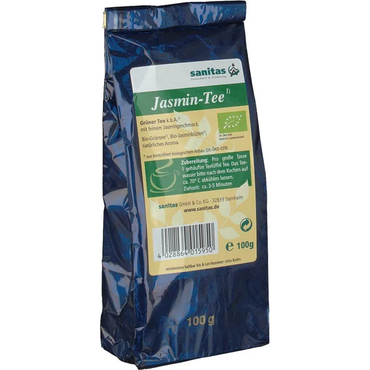 sanitas Grüner Tee Jasmin KBA Bio, 100 g, aromatischer Bio-Tee mit Jasminblüten