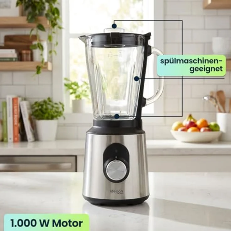 shop'n smile ideoon Standmixer Edelstahl 1000W mit 1,5L Glasbehälter, 2 Geschwindigkeitsstufen + Pulse, rutschfest, spülmaschinenfest, Silber/Schwarz – Bild 6