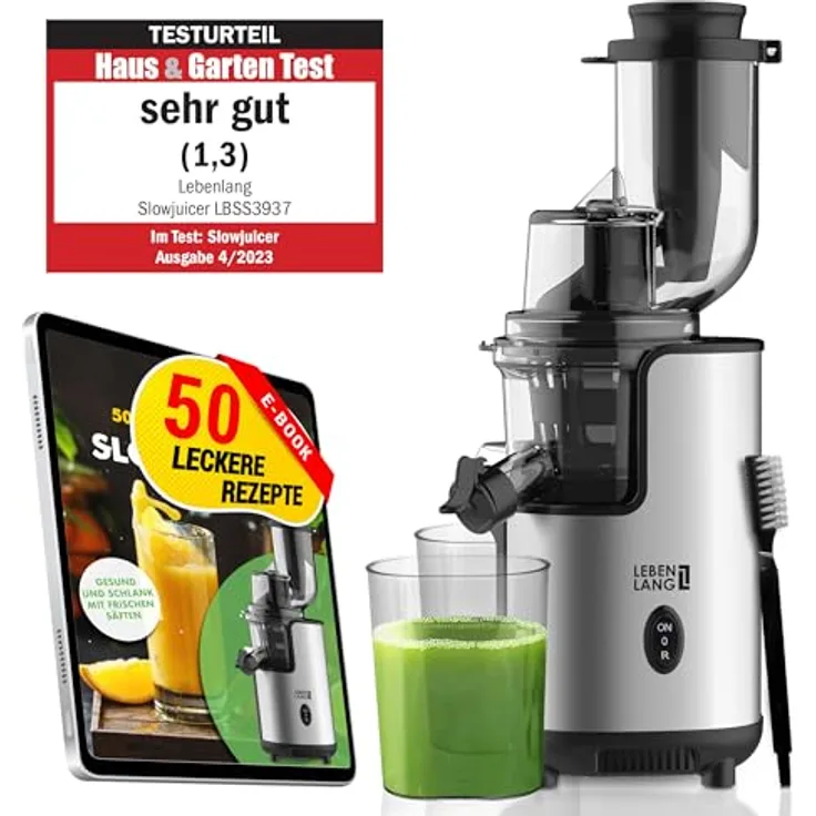 LEBENLANG Slow Juicer Edelstahl, BPA-freier Entsafter für Obst und Gemüse mit hoher Saftausbeute, inklusive Rezeptbuch