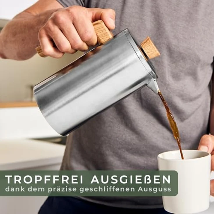 Waldwerk French Press Kanne Kaffeebereiter aus doppelwandigem Edelstahl mit Eichenholz Holzgriff, 1l Kaffeekanne, plastikfreier Kaffeezubereiter – Bild 4