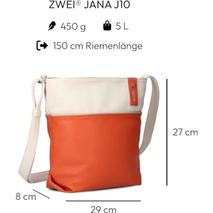 ZWEI Beuteltasche Jana J10, Kunstleder Umhängetasche mit geräumigem Hauptfach, rückseitigem Reißverschlussfach und herausnehmbarem Etui, orange – Bild 2