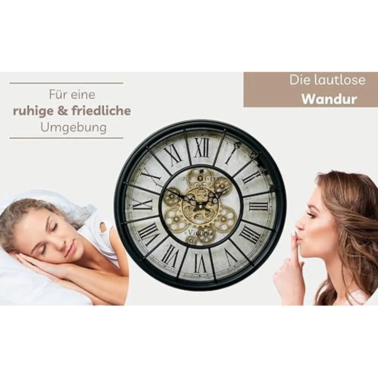 K&L Wall Art Alenio Große Vintage Metall Glas Wanduhr in XXL mit bewegenden Zahnrädern Römische Ziffern Zahnrad Wanduhr Wohnzimmer Wand Uhr Deko Schwarz Gold Ø46 cm Gross – Bild 4