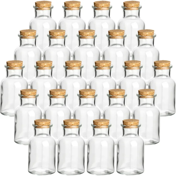 gouveo 24er Set Gewürzgläser 125 ml, Runde Korkengläser mit Korkverschluss für Kräuter und Gewürze, Klarglas Vorratsdosen