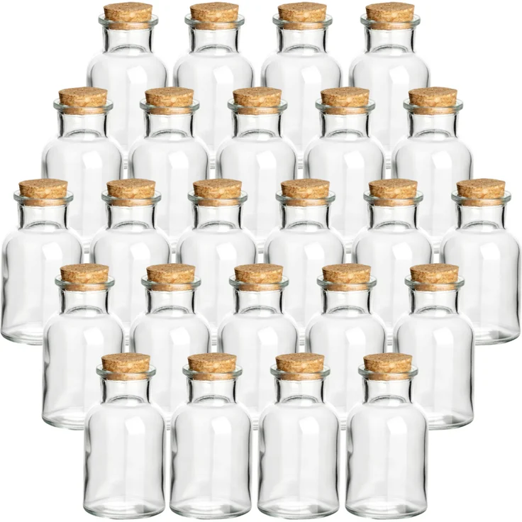 gouveo 24er Set Gewürzgläser 125 ml, Runde Korkengläser mit Korkverschluss für Kräuter und Gewürze, Klarglas Vorratsdosen