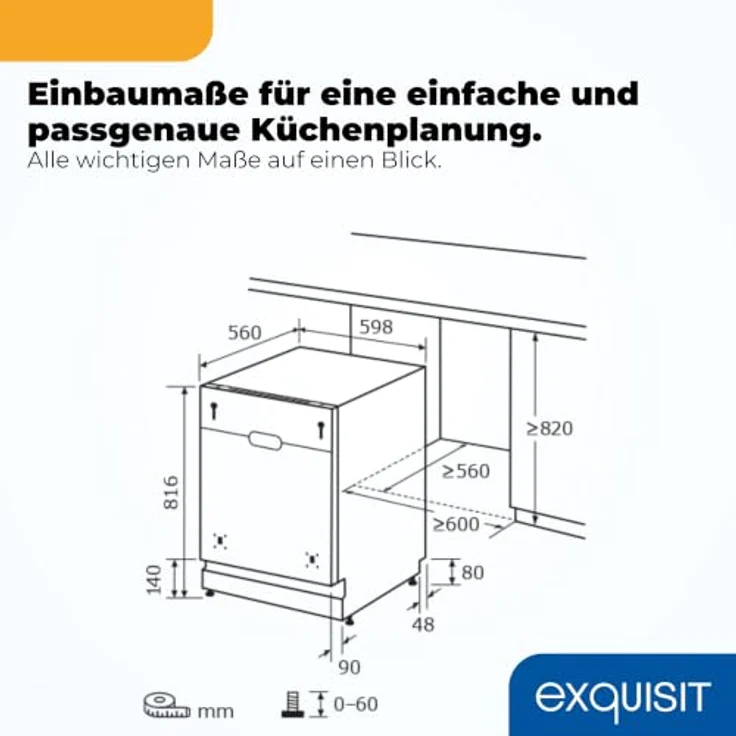 Exquisit EGSP59316-E-450C, Vollintegrierbarer Geschirrspüler für 16 Maßgedecke, Energieklasse C, 8 Programme, Aquastop, Besteckschublade, Extra-Trocknung, Schwarz – Bild 9