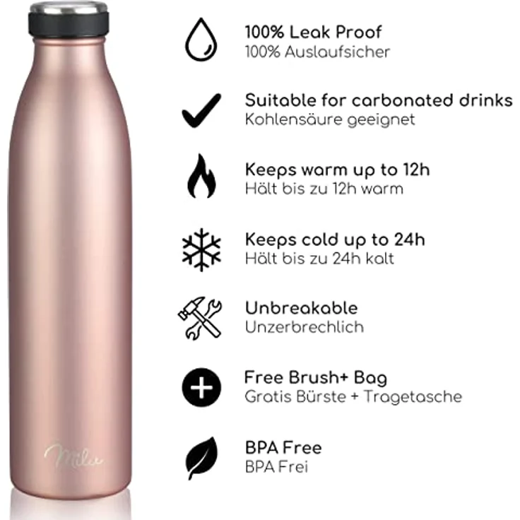 Milu Edelstahl Trinkflasche 750ml, doppelwandige Isolierflasche in Rose Gold, auslaufsicher und kohlensäuregeeignet – inkl. Reinigungsbürste – Bild 2