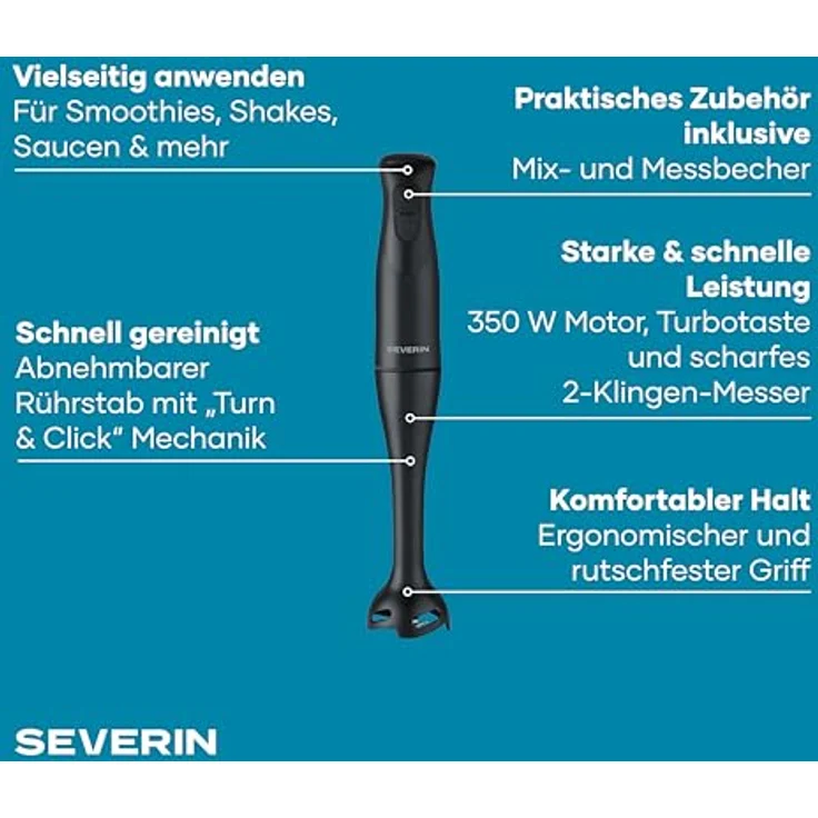 Severin SM 3761, Stabmixer mit 350W, 2 Klingen, abnehmbarer Mixfuß und 700ml Mix- & Messbecher, schwarz – Bild 2