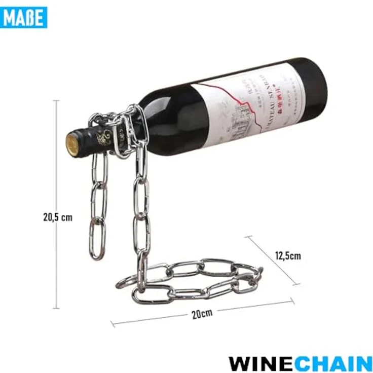 MAVURA Weinflaschenhalter WINECHAIN Flaschenhalter Weinständer Flaschenständer Kette Metall, für Wein Design Silber - Illusion einer schwebenden Flasche – Bild 6