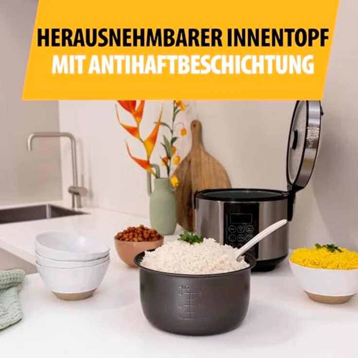 Tristar RK-6132 Digitaler Edelstahl Reis- und Multikocher, 1,5 Liter Kapazität, 500 Watt Leistung, Warmhaltefunktion bis 24 h, 7 verschiedene Kochprogramme, Zubehör – Bild 7