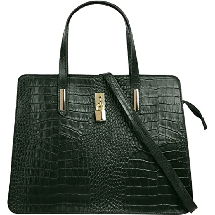 Cluty Kroko-Handtasche, grün, 2-geteiltes Hauptfach mit Reißverschluss, abnehmbarer Schultergurt, goldene Details