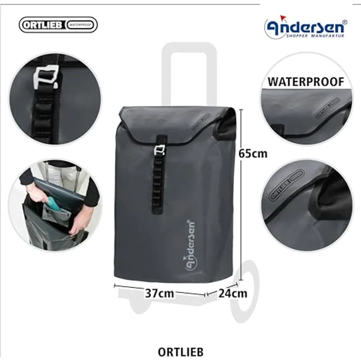 Andersen Einkaufstrolley - Royal Shopper Plus Ortlieb anthrazit 49 L Handwagen, wasserdicht, wetterfest, Aluminium, klappbar, luftbereiftes Kugellagerrad – Bild 3