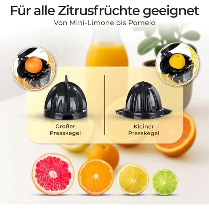 KLAMER Elektrische Saftpresse mit zwei Presskegeln, Zitruspresse für Orangen, Zitronen, Limetten & Grapefruit, BPA frei, spülmaschinengeeignet, hohe Saftausbeute – Bild 3
