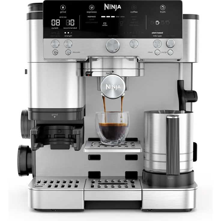 Ninja Luxe Premier 3-in-1-Kaffeemaschine mit Mahlwerk, Milchaufschäumer, Cold Brew & Espresso, 4 Programme, Silber, ES601EU