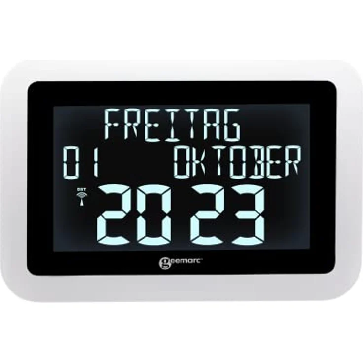 Geemarc VISO15 Funkuhr Weiß, digitale Kalenderuhr mit automatischer Zeiteinstellung und großem Display, 14 Sprachen, dimmbare Hintergrundbeleuchtung – Bild 2