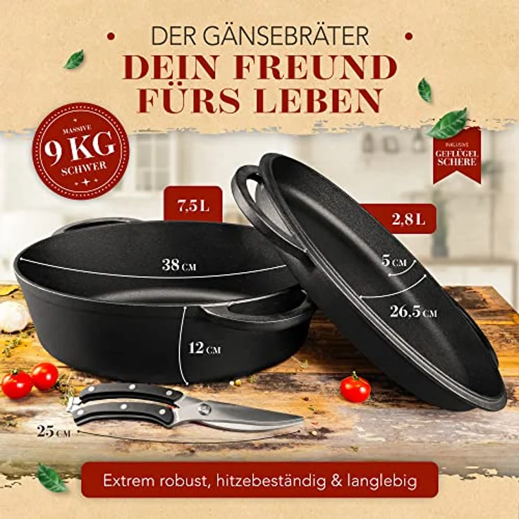 KRUSTENZAUBER 38cm Gusseisen Bräter mit Deckel backofengeeignet inkl. Geflügelschere - 9kg Gänsebräter - Idealer Topf XXL, Schmortopf Bratentopf, Induktion, Gusseisenpfanne – Bild 3