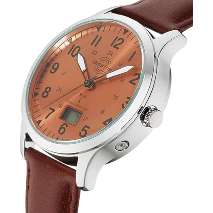 Master Time MTGA-10959-82L, Funk Quarz Herren Uhr Analog-Digital mit braunem Lederarmband, Automatische Zeitsynchronisation und ewigen Kalender – Bild 2