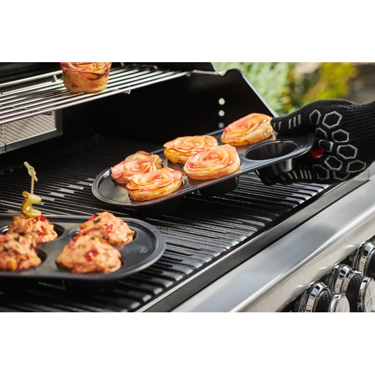RÖSLE Barbecue Brat- und Backform, Hochwertige Muffinform für Gas- und Kohlegrills oder den Backofen, Hitzebeständigkeit bis 400 °C, Stahlblech antihaftbeschichtet