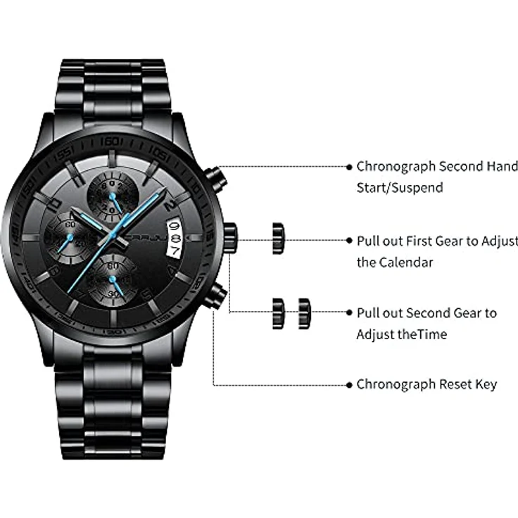 CRRJU Herren Chronograph Armbanduhr, wasserdicht mit Edelstahlarmband und Kalender, schwarz-blau – Bild 2