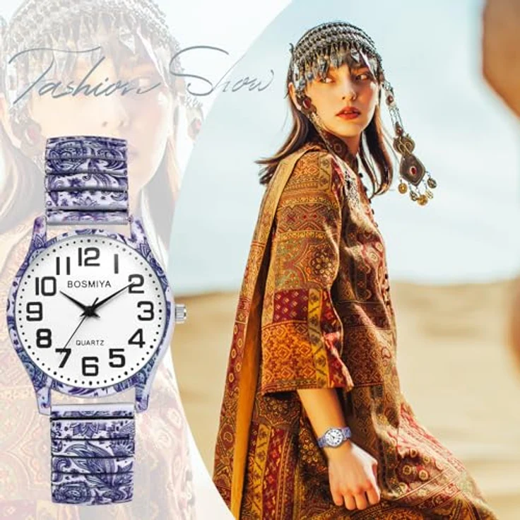 JewelryWe Damenuhr Boho, Vintage Blau-Weißes Porzellan Druck, Analog Quarz Armbanduhr mit elastischem Edelstahl Stretch Armband und großen römischen Ziffern – Bild 3