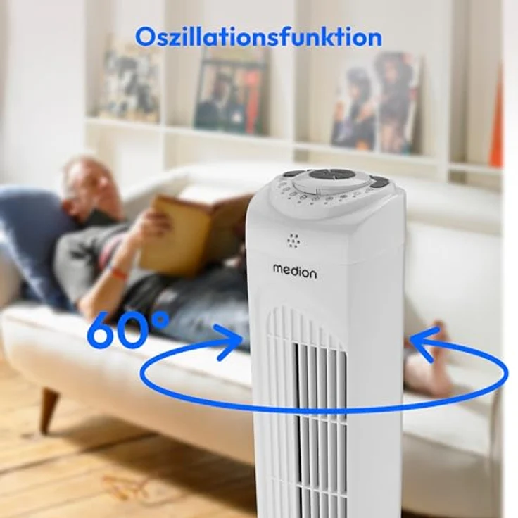 MEDION E11 TF Turmventilator MD12067, mit Fernbedienung, 3 Geschwindigkeitsstufen, leiser Schlafmodus, 45 Watt Leistung, 60° horizontale Oszillation, Timer, weiß – Bild 5