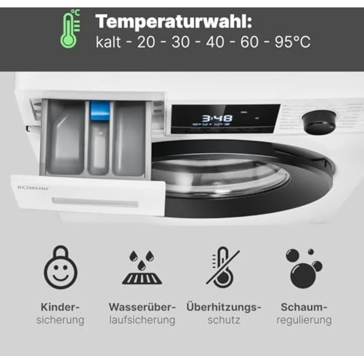 Bomann® Waschmaschine WA 7111 10kg | max. 1400 U/min | 16 Programme | Bürstenloser DC-Motor | Endzeitvorwahl | Zulaufschlauch-Sicherheitssystem | Washing Machine in Weiß – Bild 5