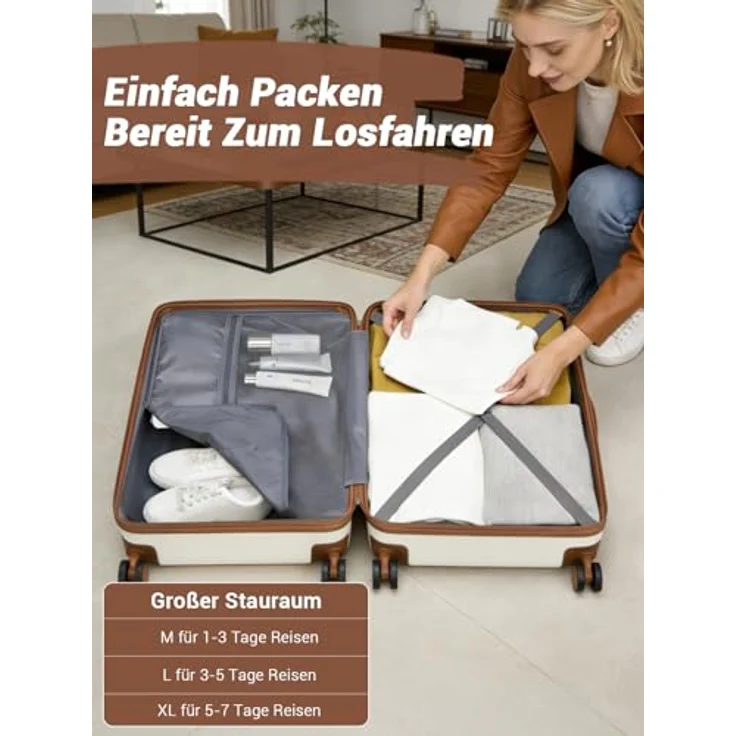 Shavont Großer Koffer XL, Hartschalenkoffer mit 91 L Fassungsvermögen, 4 leisen 360° Doppelrollen, integriertes Schloss, Cremefarben, 76x50x29 cm – Bild 4