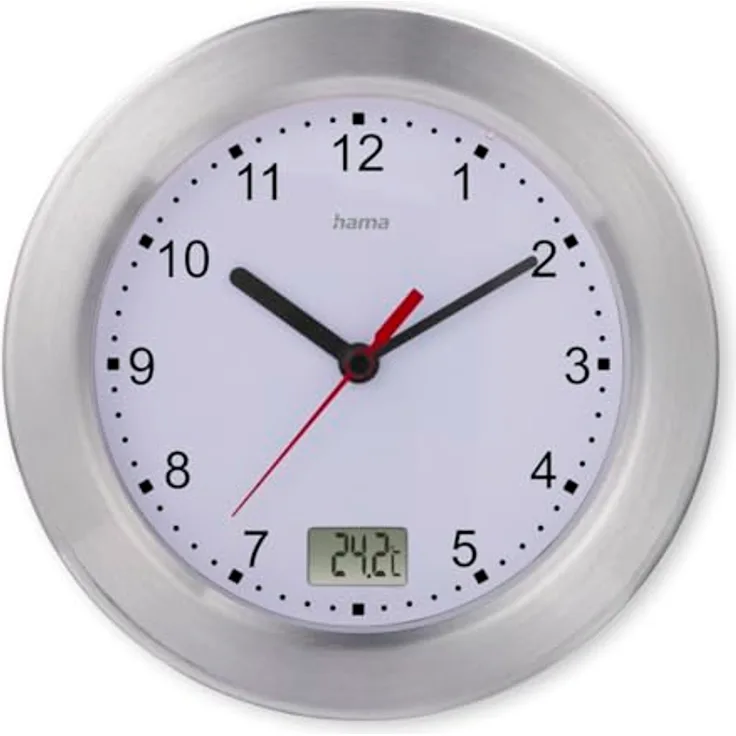 Hama Badezimmeruhr Mauritius, Silber, Saugnapf, Thermometer, geräuschloses Uhrwerk, analog, Quarz, digitale Temperaturanzeige
