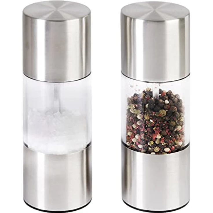 wenco premium Salz-/Pfeffermühle Set 2-teilig zum Mahlen von trockenen Gewürzen, Keramikmahlwerk, Rostfreier Edelstahl, Silber/Transparent – Bild 1