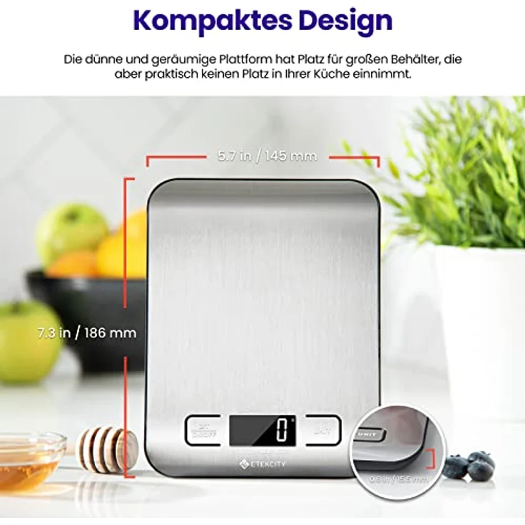 ETEKCITY Küchenwaage, Küchenwaage digital 5KG mit großem LCD-Display,Digitalwaage, Briefwaage mit Großer Edelstahl Wiegefläche, Flüssigkeitsmessung, hohe Präzision auf bis zu 1g, Tara-Funktion, Silber – Bild 2