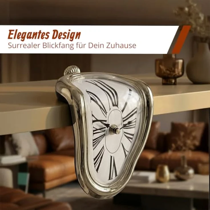 Relaxdays Salvador Dali Tischuhr, silberne Uhr im surrealistischen Design für Tisch- & Regalkanten, batteriebetrieben – Bild 2